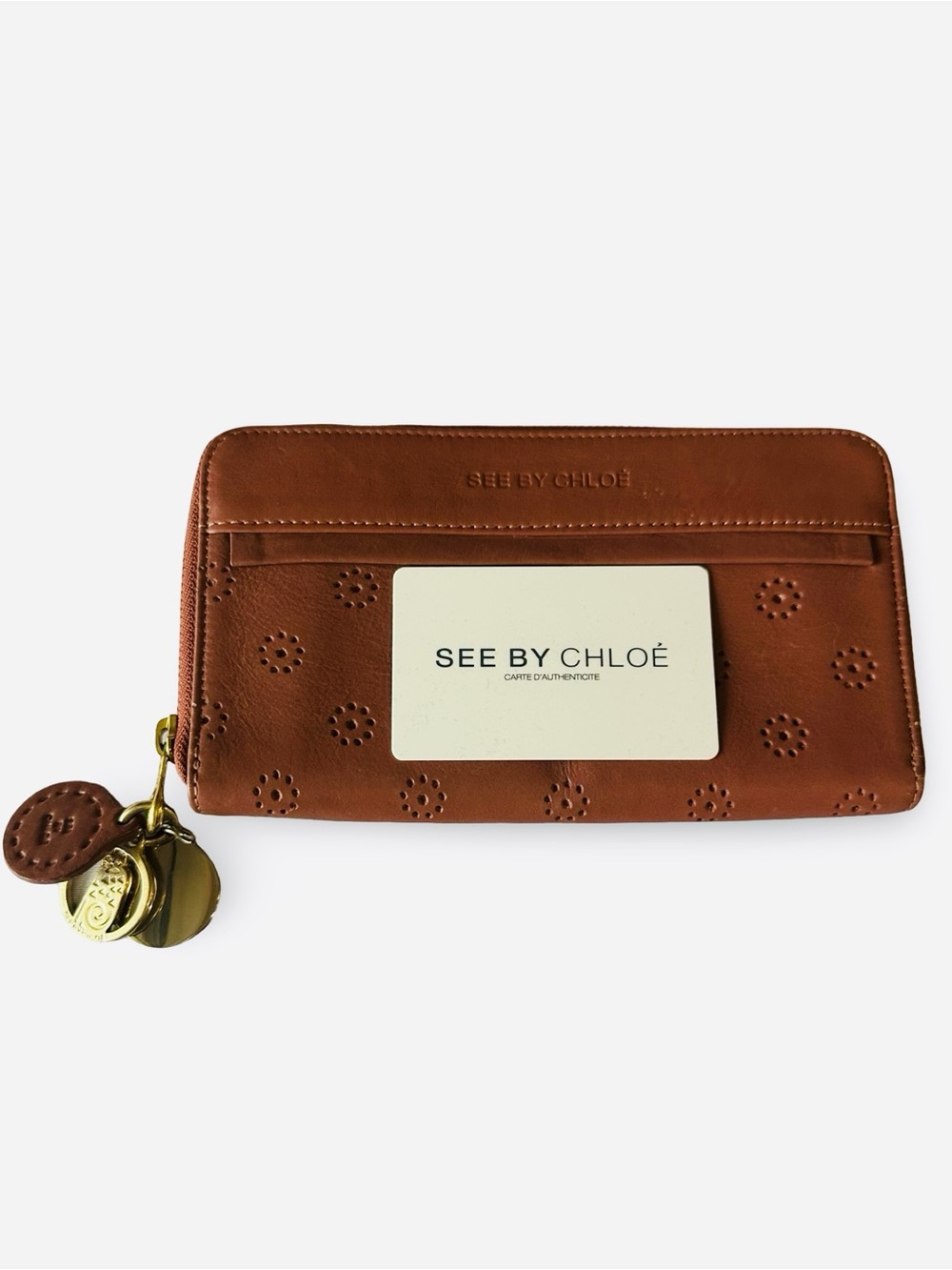 See By Chloé Brown Perforated Leather Zip Wallet with Gold Charms